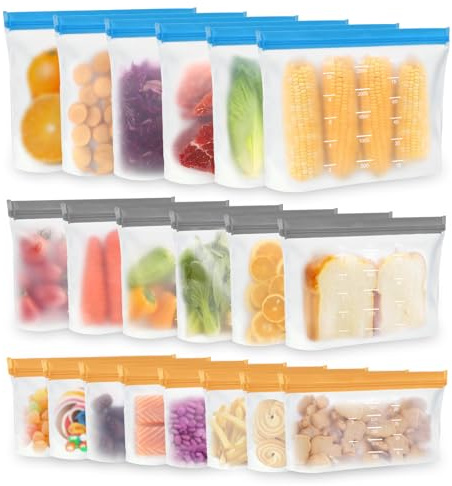 20 Pack Reusable Freezer Bags Silicone Freezer Bags | BPA-Free, Extra Large Food Storage Stand Ziplock Pouches, Leakproof Dishwasher, for Cooking Sandwich Batch,3 Sizes Food Bags