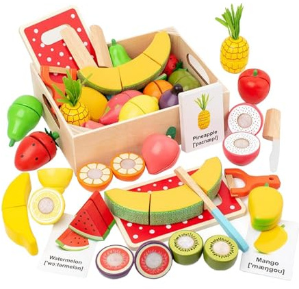 Jeu de nourriture en bois : jouets de coupe de légumes et fruits, jeu de cuisine coloré pour jeunes enfants | Jeu de cartes éducatives interactives, lot de 2