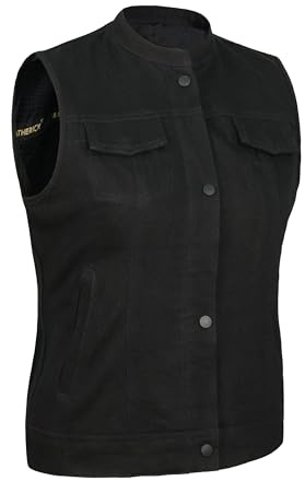 Leatherick Ladies Pure Denim Biker Vest – Durable Women’s Club Style Motorcycle Waistcoat with 7 Functional Pockets (UK, Alpha, L, Regular, Regular)