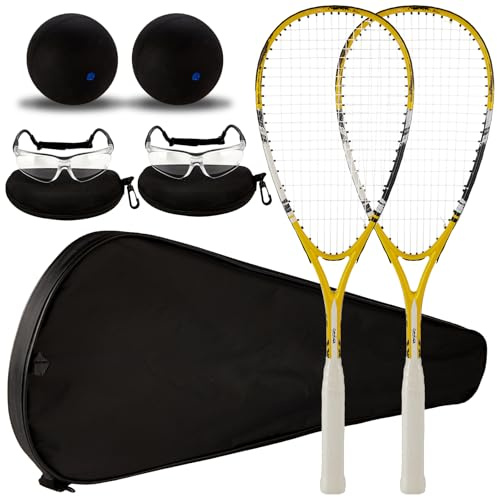 Conderyang Juego de 2 raquetas de squash para principiantes, incluye raquetas con bolsas de raqueta, fundas antivaho, gafas de punto azul, pelota de punto azul, deportes de gimnasio para principiantes