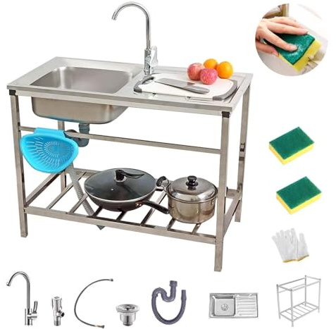 Spüle Outdoor Camping Waschbecken Mobiles Edelstahl Freistehende Küchenspüle Werkstatt Spültisch Garten Spülbecken Mit Armatur & Unterschrank Draußen Außenküche Waschtisch