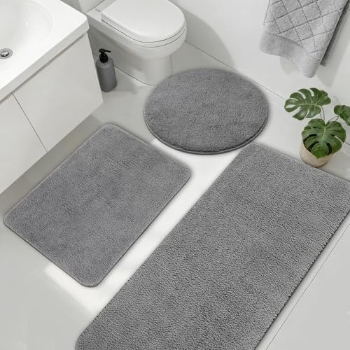 Famibay Badezimmerteppich rutschfest Badematte Set 3 Teilig Waschbar Badteppich Grau Weiche Badvorleger Absorbierende Badezimmer Deko