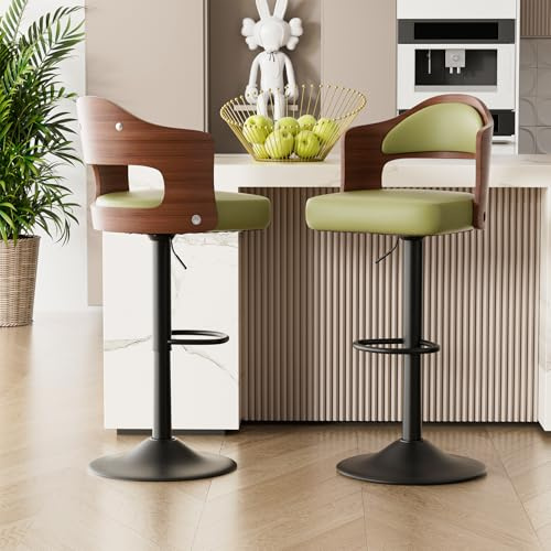 Hawthyhome Barhocker 2er Set Barstuhl Tresenhocker Bistrohocker 360°Drehstuhl Küchenstühle mit offene Rückenlehne und Fußstütze Stuhl mit Armlehnen Lobby Tresen Küche Hausbar Grün Nussbaumholz
