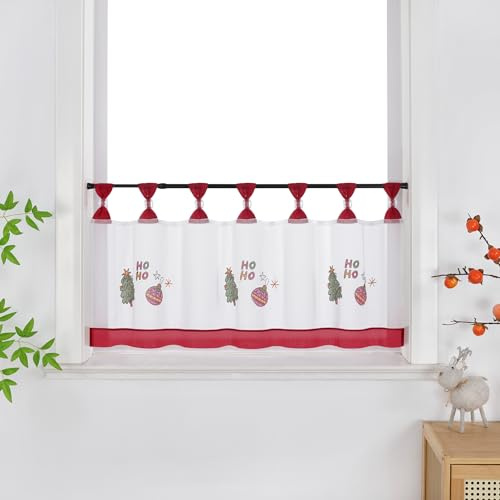 Joyswahl Scheibengardinen Weihnachten Bistrogardine Bestickt Kurzstores Küchengardinen Weihnachtsdeko Kurze Gardinen Vorhang Küche Rot HxB 30x90 cm 1er Pack