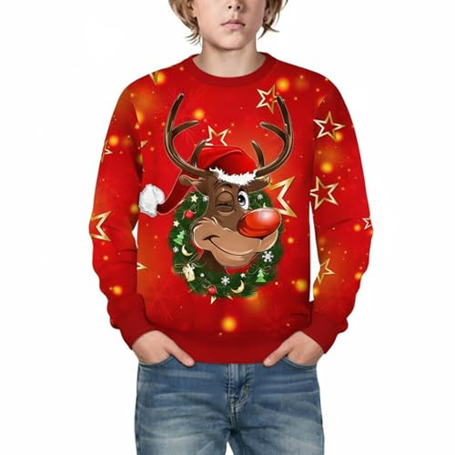 Generisch Jersey de Navidad para niños con reno muñeco de nieve diseño de Papá Noel forro polar tejido de manga larga cuello redondo sudadera cálida ropa de invierno adolescentes, rojo, 11-12 años