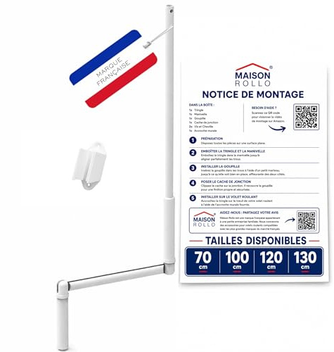 Manivelle Volet Roulant Complète 100cm – Manivelle avec tige en Acier Laqué Blanc Ø12 mm une Poignée Ergonomique et son Support Mural – Maison Rollo (100 CM)