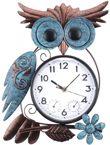 MUMTOP Horloge d'extérieur en forme de hibou pour terrasse, piscine, jardin, décoration d'intérieur | Imperméable, thermomètre combiné, 36 cm, facile à lire