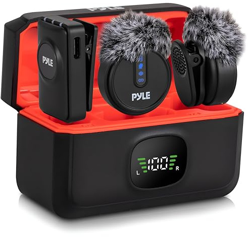 Pyle Wireless Lavalier Microphone System | Noise-Canceling Clip-On Lapel Mic with Magnetic Mount, 7H Battery, 360° Omnidirectional Audio, Charging Case | DSLR, iOS & Android for Vlogging, Podcasting