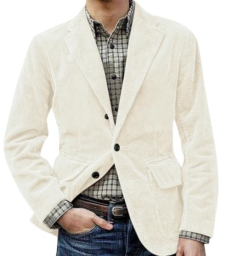 Générique Velours Côtelé Blazer Homme Slim Fit Formel avec 3 Boutons Classqiue Veste Couleur Unie Mariage d'affaires Bal Blanc 3XL