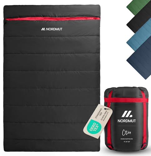 NORDMUT® Saco de Dormir Doble XXL con Cremallera YKK Premium de Doble dirección – Saco de Dormir Acogedor 2 Personas Extra Ancho & Grande – para 2 Personas con Aislamiento óptimo (Negro)