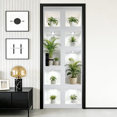 arricraft 2 Pcs Green Plant Theme Self-Adhesive Door Sticker, 31.5x78.7 Tropical Plant Potted Decorations Door Murals Stickers PVC Removable Wallpaper Decoration for Bedrooms Living Room