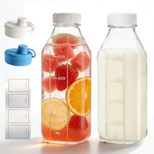 PEEXTBB Botellas de Cristal con Tapa y Pegatinas, 2 Piezas 1 Litro Juego de Cristal con Tapa Hermética de Rosca, Boquilla de Vertido Botella de Vidrio, para Agua Leche Zumo Limonada, Transparente
