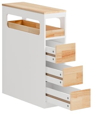 SoBuy Slim 4-vånings köksvagn, smal rullande förvaringsenhet/vagn, platsbesparande design, vit och träfinish, 65x23x82cm BZR54-III-WN