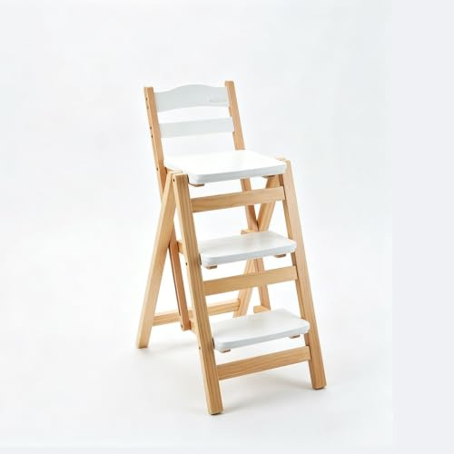 RASJCGRCOA Sedia Scaletta in Legno Massello 2 in 1, Sgabello Trasformabile in Scaletta, Scala Libreria Pieghevole per Cucina e Soggiorno, 3 Gradini,Mobile Multifunzione Salvaspazio(White)
