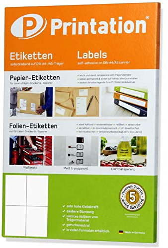 Printation Versandetiketten 105 x 148 mm, Versandaufkleber A6, Selbstklebend, Blanko, Weiß, Matt, 4 pro Blatt, 10 Blatt A4, 40 Adressaufkleber, Papier Aufkleber zum bedrucken 105x148mm 3483 6120 6124