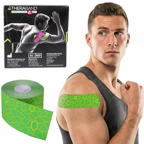 THERABAND Kinesiology Tape, Waterproof Physio Tape for Muscle & Joint Support, Standard Roll with XactStretch Application Indicators, 2 Inch x 16.4 Foot Roll, Electric Green/Yellow