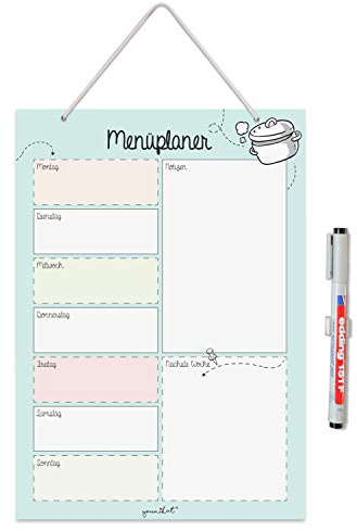 Dv891 - Planner da appendere in formato DIN A4 | Lavagna per pianificare i pasti per l'intera settimana | Pulibile con panno | Turchese | con appendiabiti, portapenne e penna