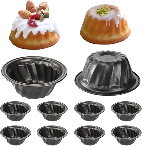 Frcctre 10 Pack 4 Inch Mini Fluted Cake Pan, Reusable Nonstick Carbon Steel Mini Flan Molds Pan Fluted Baking Molds for Cupcake, Muffin, Brownie, Bavarois