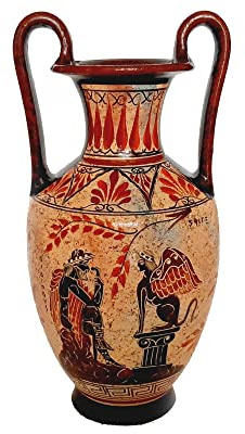 Multicoloured Greek Pottery Amphora Vase 30cm,Oedipus and Sphinx