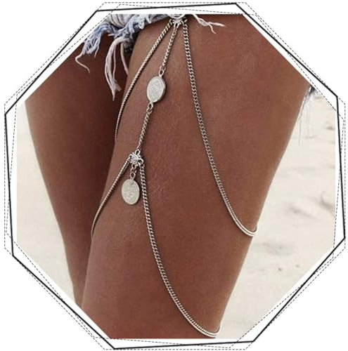 Flovel Boho geschichtete Körperkette Silbermünze Anhänger Oberschenkelketten elastische Beinkette Rave Beinschmuck für Frauen Mädchen