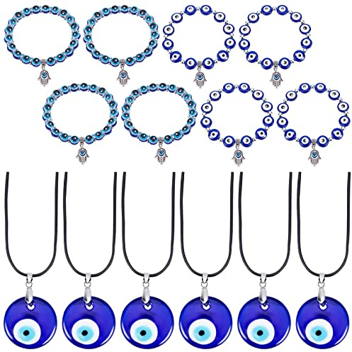 WEBEEDY 14 Pcs Evil Eye Necklace Bracelet Set, Evil Eye Pendant Necklace Glass Leather Rope Chain Turkish Protect Lucky Necklace for Women Men Evil Blue Eye Charms for Protection, Good Luck