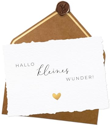 Joli Coon Karte zur Geburt handgerissen, A6 mit Naturkuvert und Wachssiegel | 400g strukturiertes Designerpapier, Goldveredelung, für frischgebackene Eltern, Premium-Papeterie