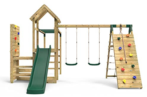 Rebo® Wooden Climbing Frame with Vertical Rock Wall, Swing Set and Slide - Dolomite | OutdoorToys | Kids' Outdoor Wooden Garden Play Equipment, Children's Jungle Gym