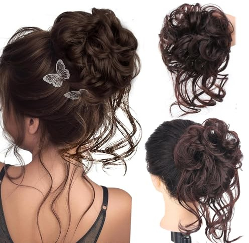 Hårstycke hårsnodd med hår, Dutt Messy Bun hårstycke med elastiskt band brun högfästfrisyrer ponytail hårförlängning hårdelar (6 A brun)