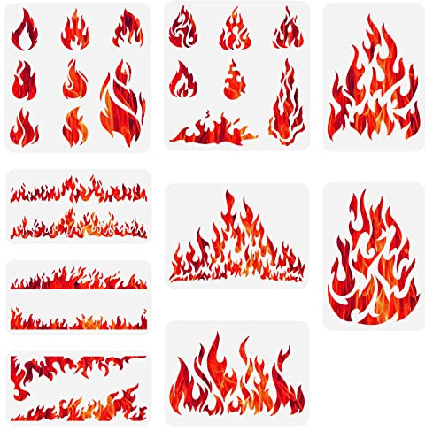 FINGERINSPIRE 9 Pezzi Modello di Fuoco Stencil 3 Dimensioni Burn Blaze Falò Pittura Arte e Artigianato Stencil per Parete e Piastrelle Decorazione
