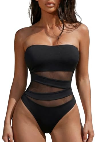 Holipick Women Black Strapless Bandeau One Piece Swimsuits Sexy Mesh Cutout Bathing Suits Tummy Control Swimwear L