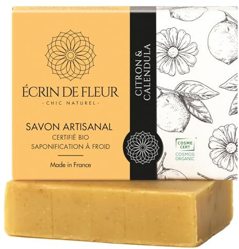 Écrin de Fleur - Feste Bio-Seife mit Zitronen und Ringelblumen, handgemacht mit Zitronenschale und Kaffir-Limettenöl - Spritziger und köstlicher Duft, der deinen Tag versüßt, 1x90g