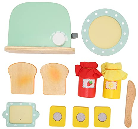 Kids Toaster Toy Set, Wooden Bread Butter Pretend Play Kitchen Toy for Boys Girls Interactive Learning Educational Role Play Game for Toddlers Preschool Children