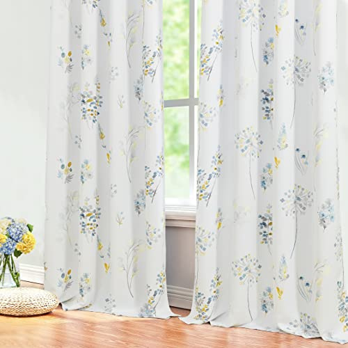 XTMYI Yellow and Blue Floral Spring Curtains for Living Room, Pretty Ditsy Flower Printed Drapes, Summer Decorative Patterned Semi Blackout Window Panels for Sunroom Sliding Glass Door, 52 W x 84 L