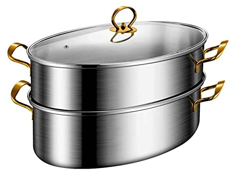Stainless Steel Fish Steamer Elliptical Roasting Pan Multi-Use Oval Pasta Pot Braiser Stockpot with Rack, Induction Compatible Dishwasher/Oven Safe Turkey Roaster (Double Layer)