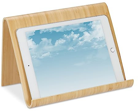 Relaxdays Supporto per Tablet, Stand Leggio Porta Libri, Legno, per Cucina o Camera da Letto, Reggi Ricettario, Marrone, 17 x 26 x 15,5 cm