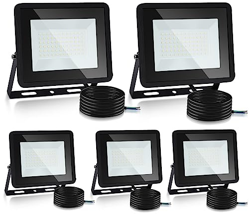 Lospitch Projecteur LED Extérieur 100W, Lot de 5 Spot LED Extérieur IP66 Étanche, 8500LM Superlumineux Spot Exterieur Floodlight 3000K Blanc Chaud, pour Cour, allées (sans prise)