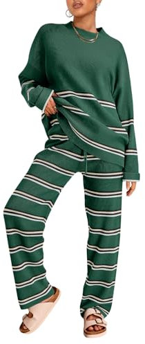 LILLUSORY 2-teiliges Set für Damen 2025, zweiteilige Lounge-Sets, Herbstmode, übergroße gestreifte Strickpullover, Outfits, Streifen grün, L