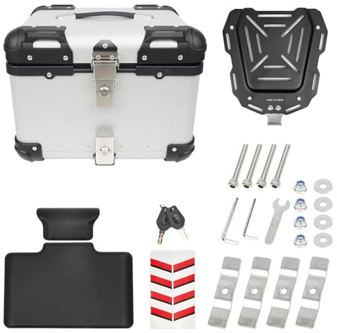 Donpida Upgraded 45L Aluminum Motorcycle Top Case, Universal Motorbike Tail Box with Security Lock and Back Cushion, Waterproof Motorcycle Top Box with Bracket Base Plate, Trunk Tour Box - Sliver