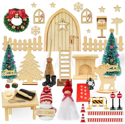 48 PCS Wichteltür Komplettset, Wichteltür Set Zubehör Weihnachten mit Baustelle, Weihnachtswichtel Set für Kinder Wichtel Deko Holz Miniatur mit Licht, Briefkasten, Stiefel, Zaun, Kranz, Leiter