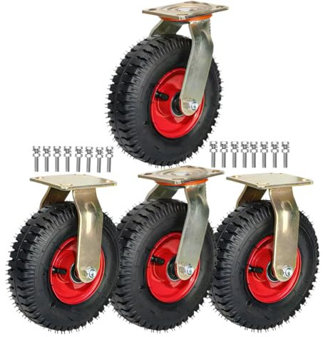 Set om 4 ljudlösa tunga rullar, bockhjul, transporthjul, stötdämpning, nötningsbeständig, gummihjul med broms, diameter 200/250 mm styrhjul för möbler, plattformsvagnar
