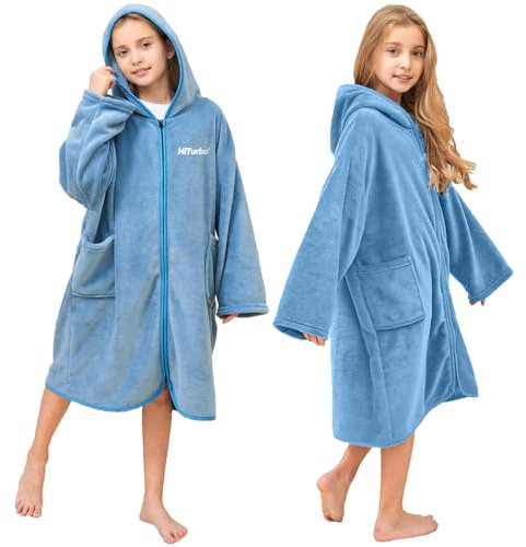 Hiturbo Kids Hooded Towel Robe: Changing Zipper Bath Robe Poncho Towelling for Swimming Beach Surfing Home Blue