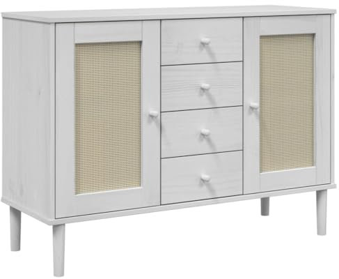 KOIECETA Sideboard Kommode mit 4 Schubladen 4 Fächern Highboard Wohnzimmerschrank mit Rattan-Optik Schrank Anrichte Beistellschrank Massivholz Kiefer (Weiß)