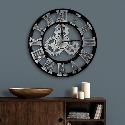 ALEENFOON Uhr Leise Wanduhren, 3D Gear Vintage Industrial Silent Nicht tickend Arabische Ziffern hängende Uhr für Wohnzimmer Küche Ohne Tickgeräusche Innenuhr (Silber Roman Numerals, 30CM)