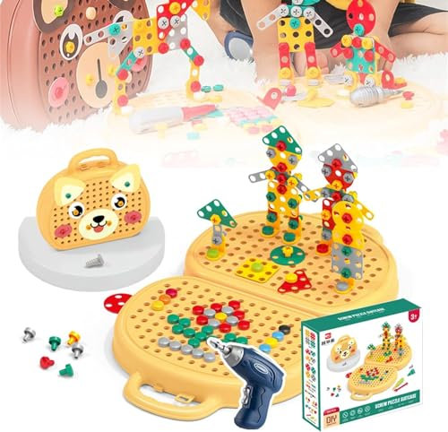 PKKP 204 Pcs Magische Montessori Spielzeugkiste mit Bohrmaschine, 3D Puzzle Mosaik Werkzeugkoffer, DIY Steckspiel Spielzeug ab 3 Jahre, Pädagogisch Kreativ Geschenke für Jungen Mädchen