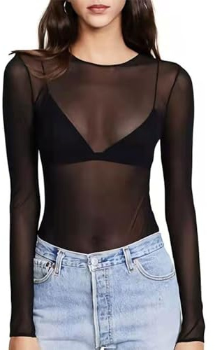 EMOTTOS Women Sexy Sheer Mesh Tops, Summer Y2K Slim Fit Lace See-Through Top, Women's Round Neck See Through Shirts for Women, Female T-Shirt Clubwear Daily Going Out (B2-Black-XL)