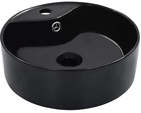LAPOOH Waschbecken mit Überlauf 36 x 13 cm Keramik Schwarz, Aufsatzwaschbecken, Bathroom Sink, Waschtisch, Aufsatzbecken, Ablaufgarnitur - 143912