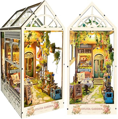 BuzzoXerex Book Nook Kit, DIY Book Nook Miniature House, Puppenhäuser Miniatur Haus Kit mit Staubschutzhülle, 3D Puzzles Holz Miniaturhaus Bücherregal Deko für ab 14 Jahren (Gärten)