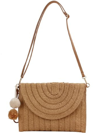 TOFBS Bolso Mujer Bandolera de Tejido Bolsos Paja Tejidos a Mano Verano Crossbody Bohemio con Correa Ajustable para la Playa Fiesta Viajes (Marrón claro)