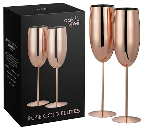 Oak & Steel - 6 Rose Gold Champagne Flutes, 280ml - Stainless Steel Rose Gold Prosecco Glasses with Gift Box