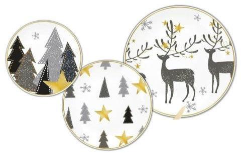 DKD Home Decor Service de table blanc gris doré porcelaine renne Noël 18 pièces 27 x 27 x 2 cm